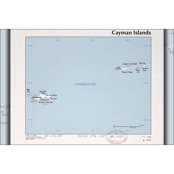24"x36" Gallery Poster, cia map of the Cayman Islands 1976
