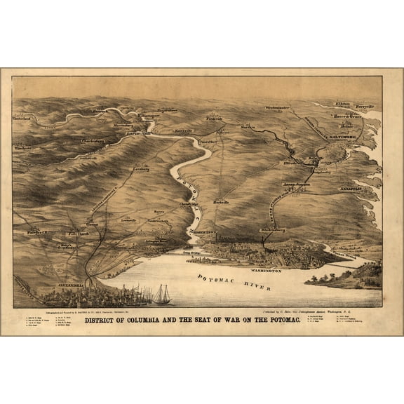 24"x36" Gallery Poster, civil war map Washington d.c. Potomac river 1860s
