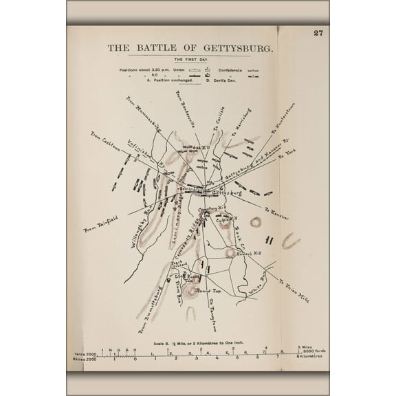 24"x36" Gallery Poster, civil war map of Battle of Gettysburg, the first day