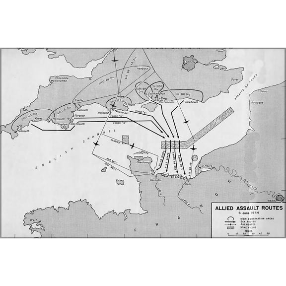 24"x36" Gallery Poster, d-day allied assault routes map p2