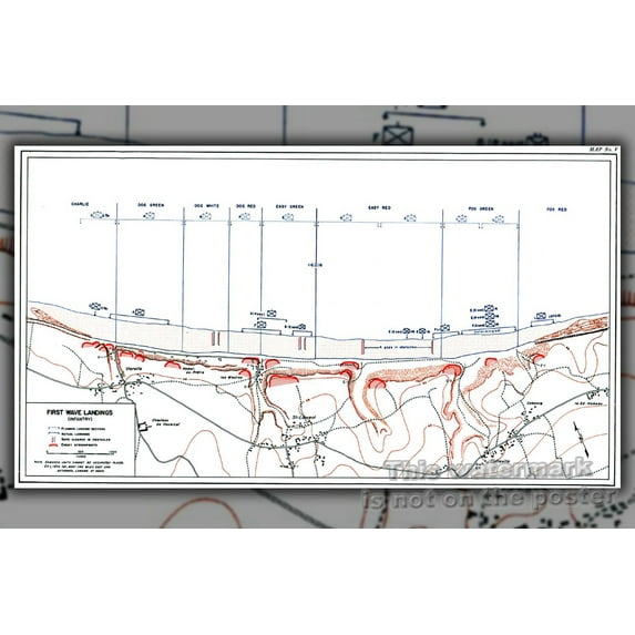 24"x36" Gallery Poster, first wave d-day Official history map showing first assault wave landings d-day