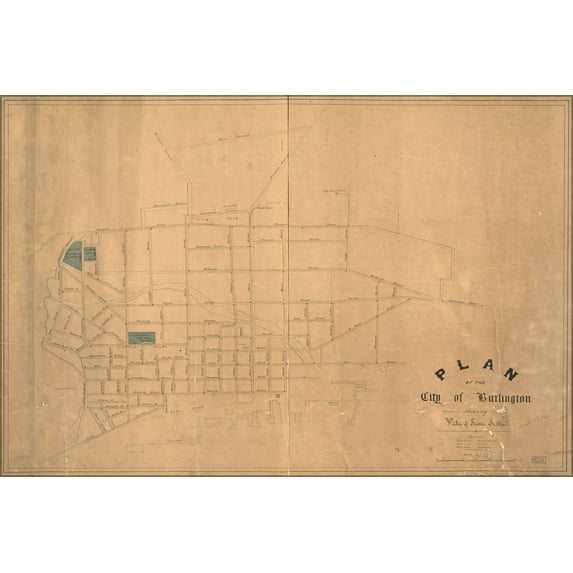 24"x36" Gallery Poster, map Burlington vermont water sewer service 1850