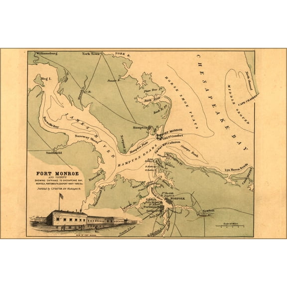 24"x36" Gallery Poster, map Fort Monroe chesapeake Bay Norfolk 1860
