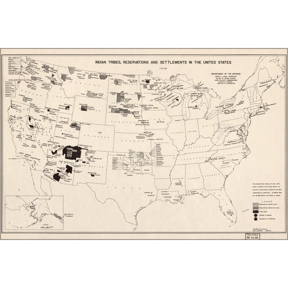 24"x36" Gallery Poster, map Indian tribes reservations United States 1939