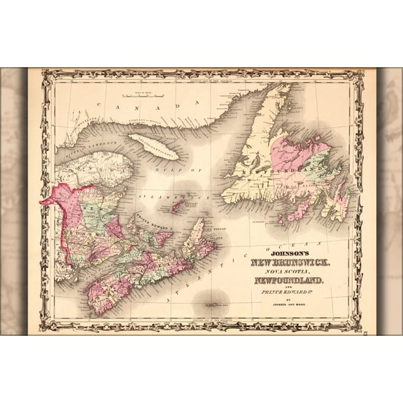 24"x36" Gallery Poster, map New Brunswick Nova Scotia Newfoundland 1862