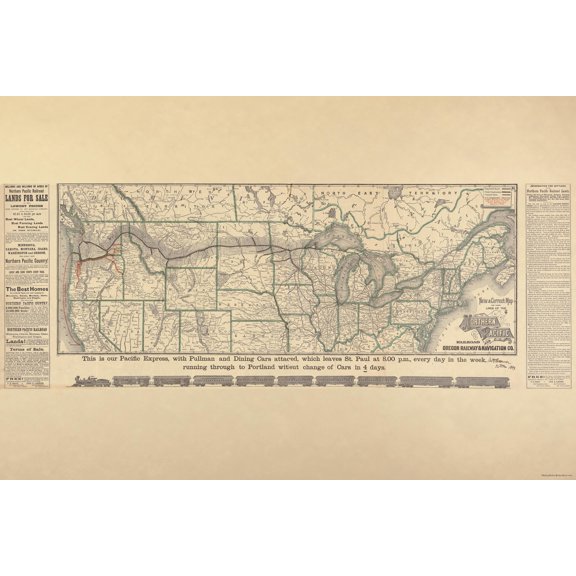 24"x36" Gallery Poster, map Northern Pacific Railroad Oregon Railway 1883