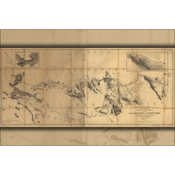 24"x36" Gallery Poster, map Rio Grande river to Pacific Ocean 1859