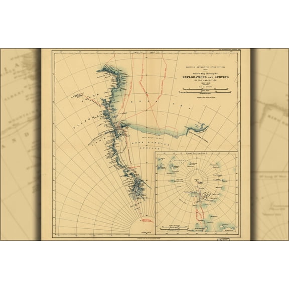 24"x36" Gallery Poster, map antarctica expedition 1907 ernest shackleton