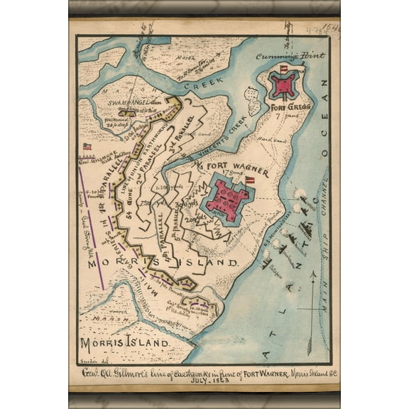 24"x36" Gallery Poster, map earthworks Morris Island South carolina 1863