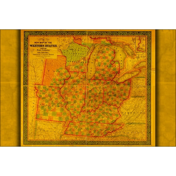 24"x36" Gallery Poster, map michigan indiana ohio illinois wisconsin 1845