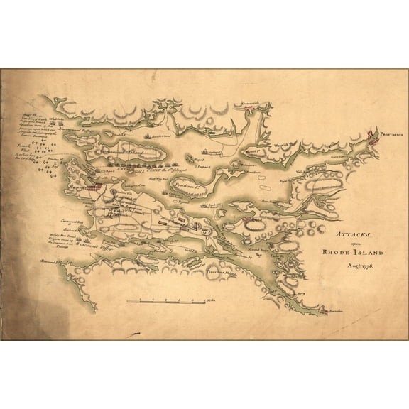 24"x36" Gallery Poster, map of Attacks upon Rhode Island, Augt. 1778