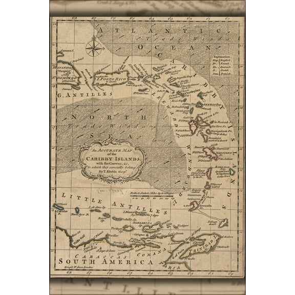 24"x36" Gallery Poster, map of Caribby Islands puerto rico Caribbean 1759