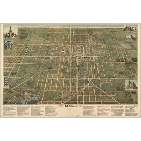 24"x36" Gallery Poster, map of City of Lima, Ohio 1892