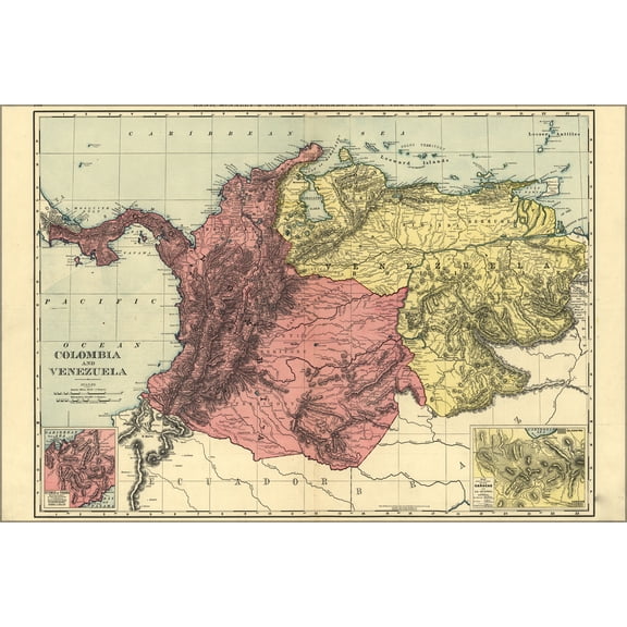24"x36" Gallery Poster, map of Colombia and Venezuela 1898