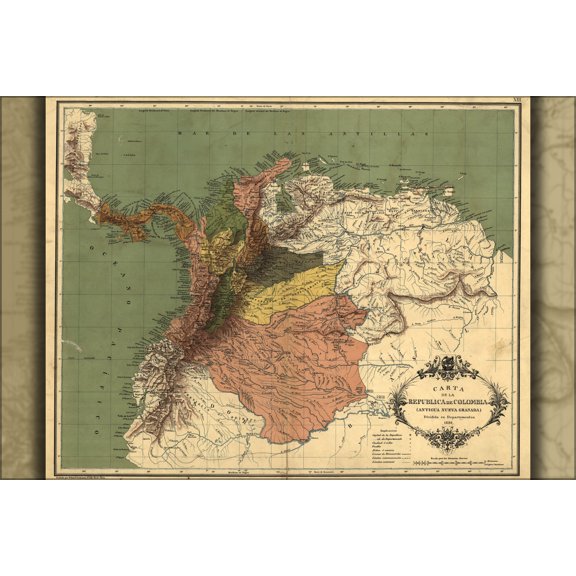 24"x36" Gallery Poster, map of Colombia panama 1886