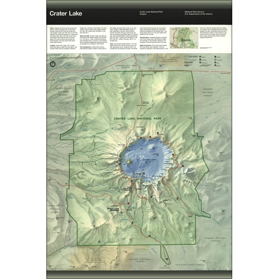 24"x36" Gallery Poster, map of Crater Lake National Park, Oregon 1996