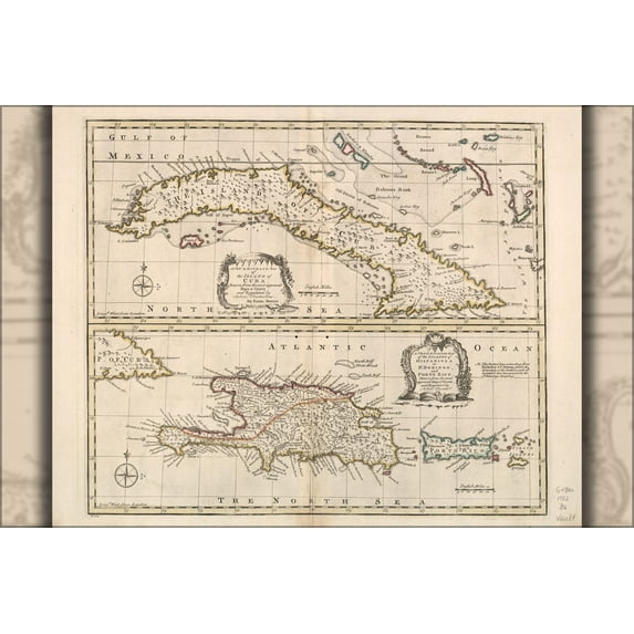 24"x36" Gallery Poster, map of Cuba Hispaniola puerto rico 1752