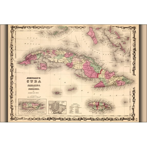 24"x36" Gallery Poster, map of Cuba, Jamaica, & Puerto Rico 1862
