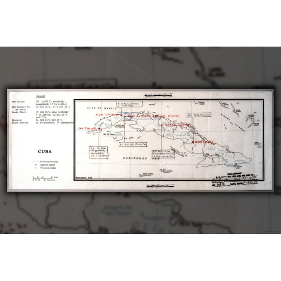 24"x36" Gallery Poster, map of Cuban missile locations, with a partial listing of Soviet military equipment cuban missile crisis