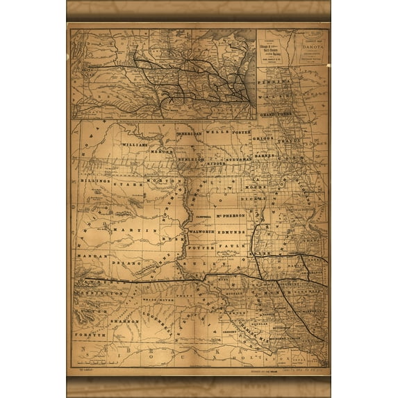 24"x36" Gallery Poster, map of Dakota 1882 north & south dakota