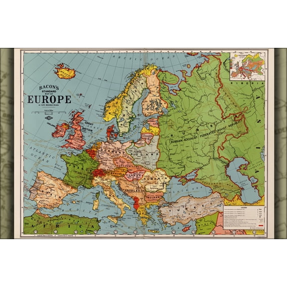 24"x36" Gallery Poster, map of Europe; spain france germany italy greece poland england 1920
