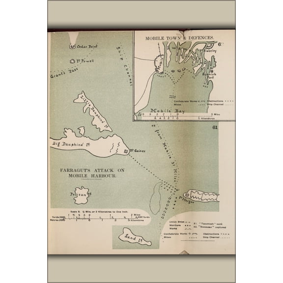 24"x36" Gallery Poster, map of Farragut's attack on Mobile alabama