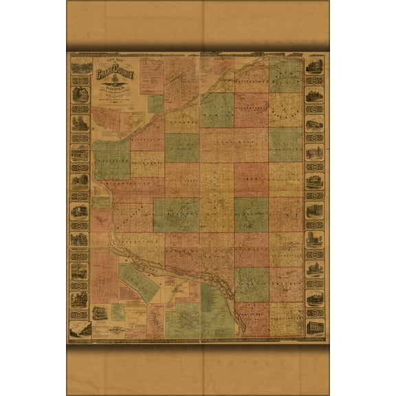 24"x36" Gallery Poster, map of Grant County, Wisconsin 1868
