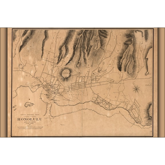 24"x36" Gallery Poster, map of Honolulu hawaii 1887