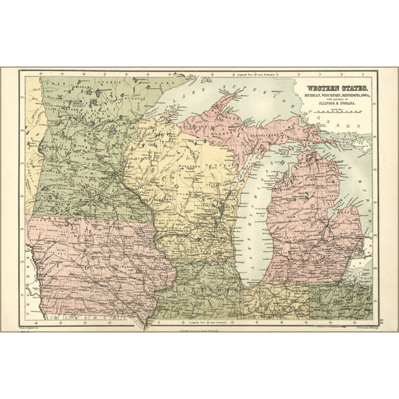 24"x36" Gallery Poster, map of Michigan, Wisconsin, Minnesota, Iowa with portions of Illinois & Indiana drawn & engraved by J. Bartholom