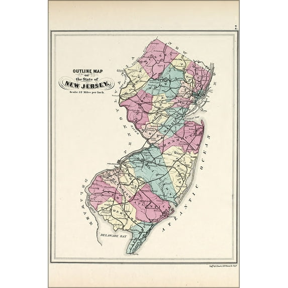 24"x36" Gallery Poster, map of NEW JERSEY 1873