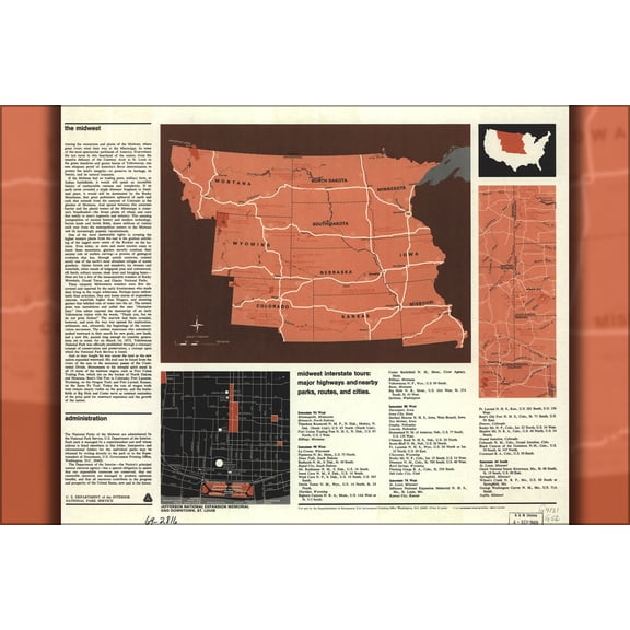 24"x36" Gallery Poster, map of National parks of the Midwest 1968