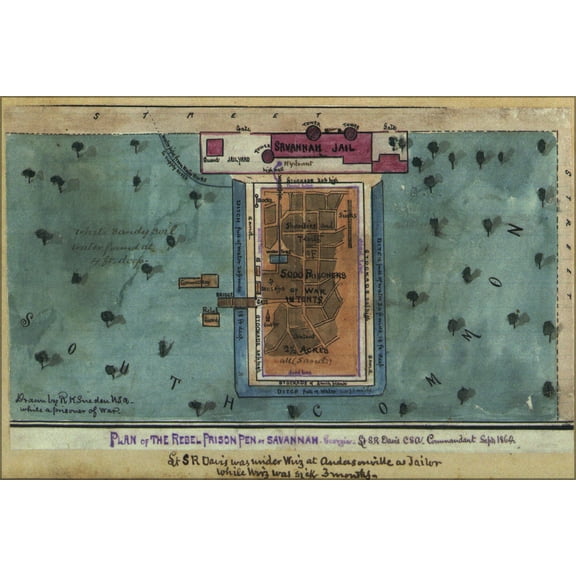 24"x36" Gallery Poster, map of Rebel prison at Savannah Georgia 1864