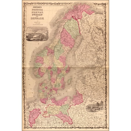 24"x36" Gallery Poster, map of Russia, Norway, Sweden and Denmark 1862