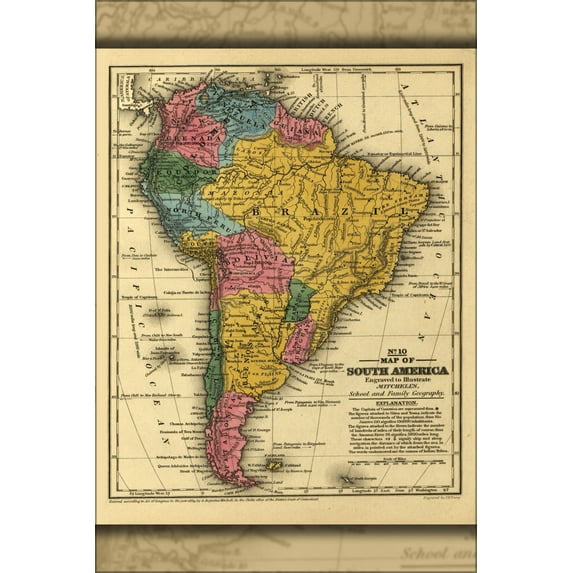 24"x36" Gallery Poster, map of South America brazil chile argentina 1839