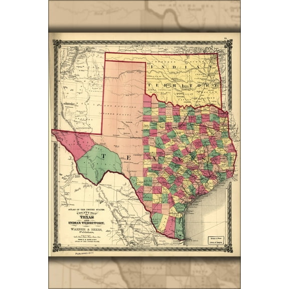 24"x36" Gallery Poster, map of Texas & Indian Territory oklahoma 1875