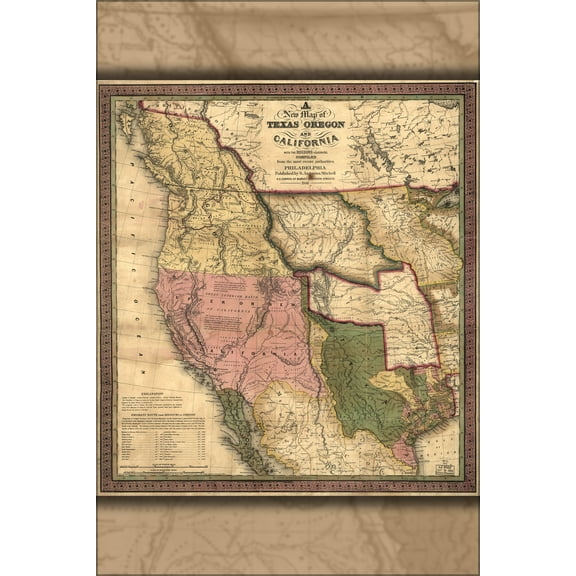 24"x36" Gallery Poster, map of Texas Oregon California washington 1846