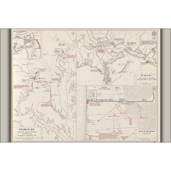 24"x36" Gallery Poster, map of War of 1812 Washington D.C. Baltimore & New Orleans, 1814