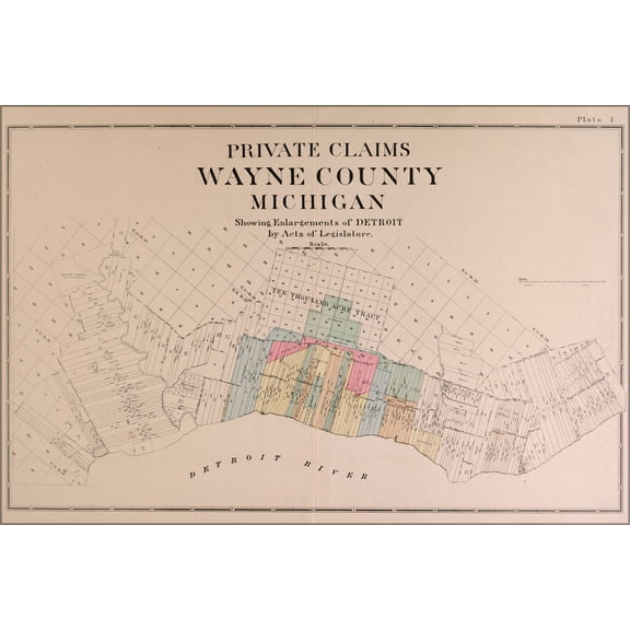 24"x36" Gallery Poster, map of Wayne County and city of Detroit 1891