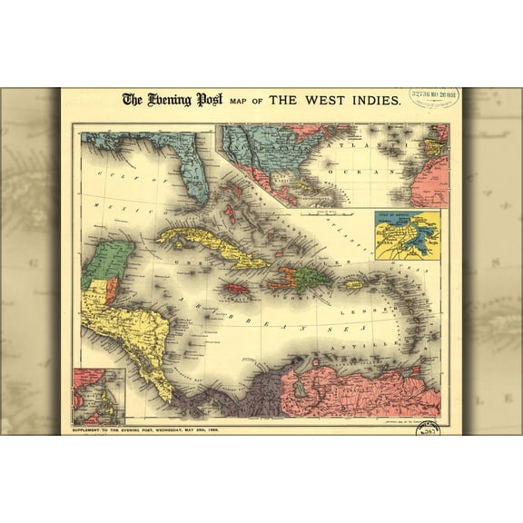 24"x36" Gallery Poster, map of West Indies florida cuba jamaica 1898