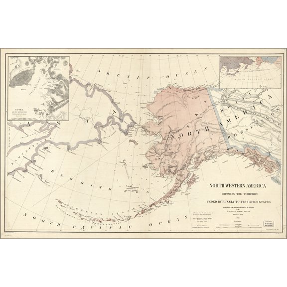 24"x36" Gallery Poster, map of alaska ceded from russia to U.S.A. 1867
