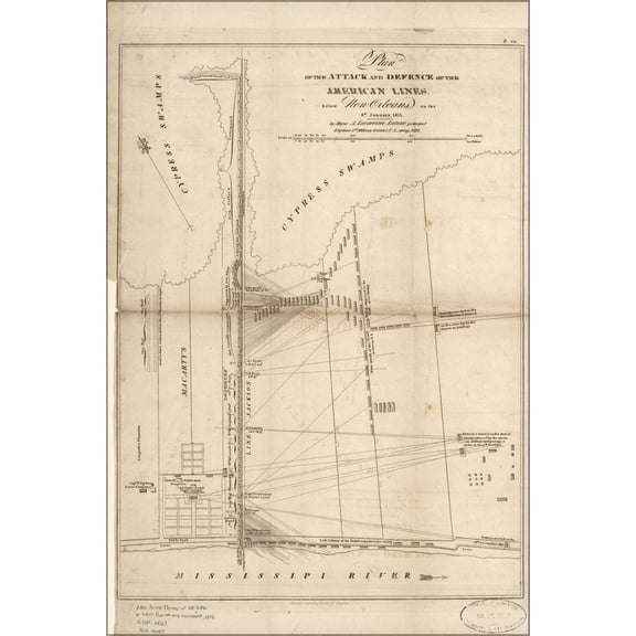 24"x36" Gallery Poster, map of attack below New Orleans war of 1812