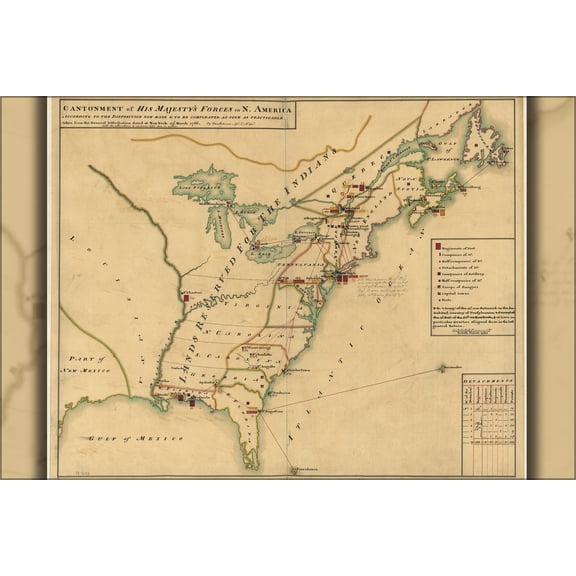 24"x36" Gallery Poster, map of british military bases in north America 1766 revolutionary war