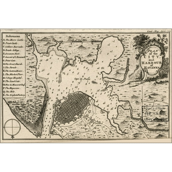 24"x36" Gallery Poster, map of city and harbour of Havanna cuba 1762