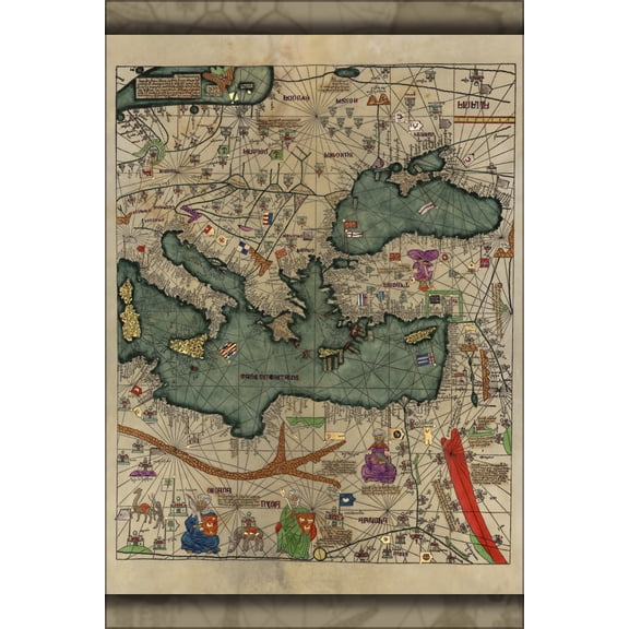 24"x36" Gallery Poster, map of eastern Mediterranean Sea 1375 in catalan