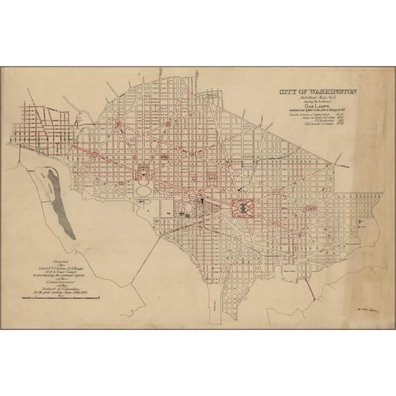 24"x36" Gallery Poster, map of gas lamps in washington d.c. 1880
