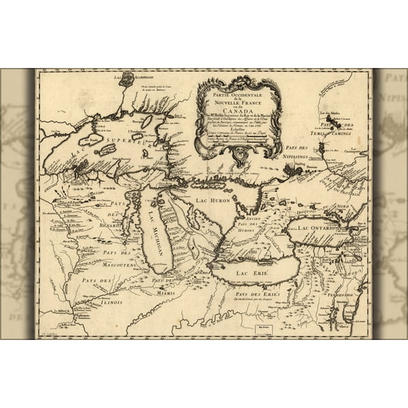 24"x36" Gallery Poster, map of michigan great lakes 1755 p2 in french