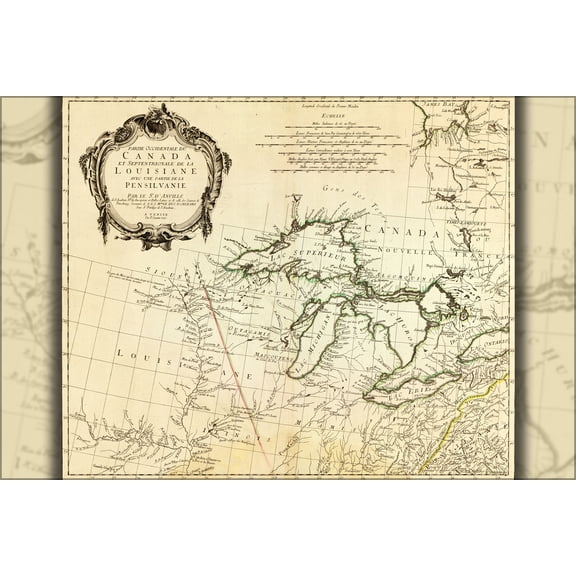 24"x36" Gallery Poster, map of michigan great lakes 1775 in french