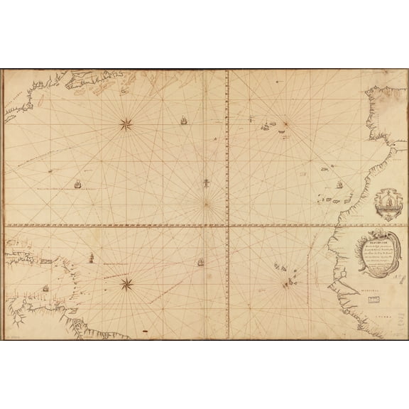 24"x36" Gallery Poster, map of north atlantic ocean 1756 in spanish