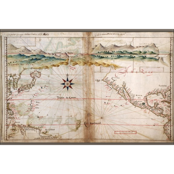 24"x36" Gallery Poster, map of north pacific ocean 1630 with japan north america