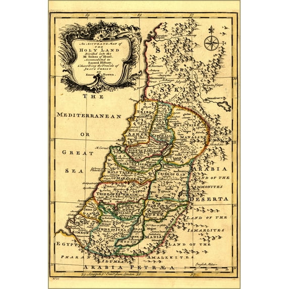 24"x36" Gallery Poster, map of palestine Holy Land 12 Tribes Israel Travels of Jesus 1752